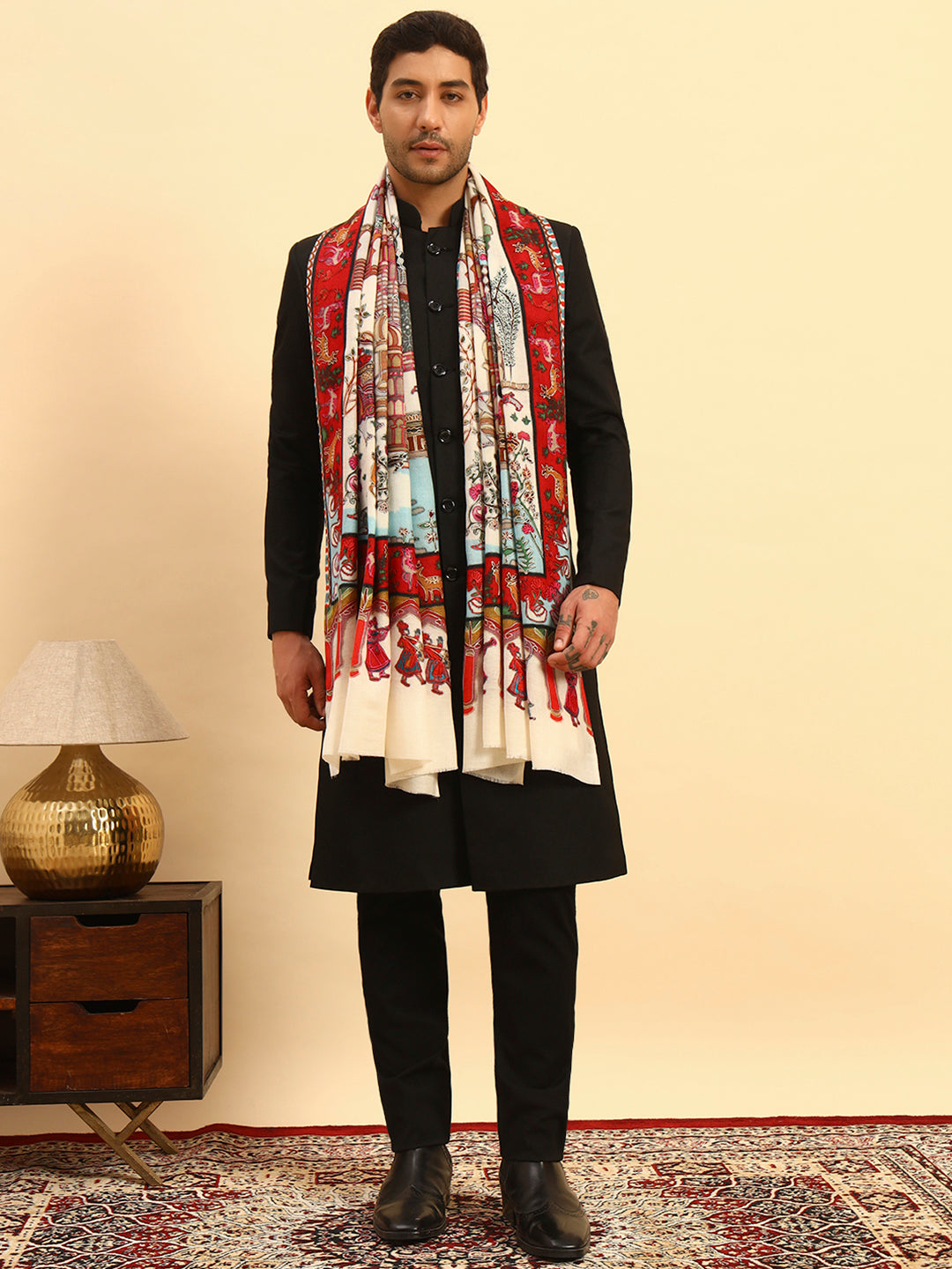 Pashmoda Men Mughal Bagh 100% Pure Wool Fabric Kalamkari Embroidered Shawl (Size: 101x203 CM)