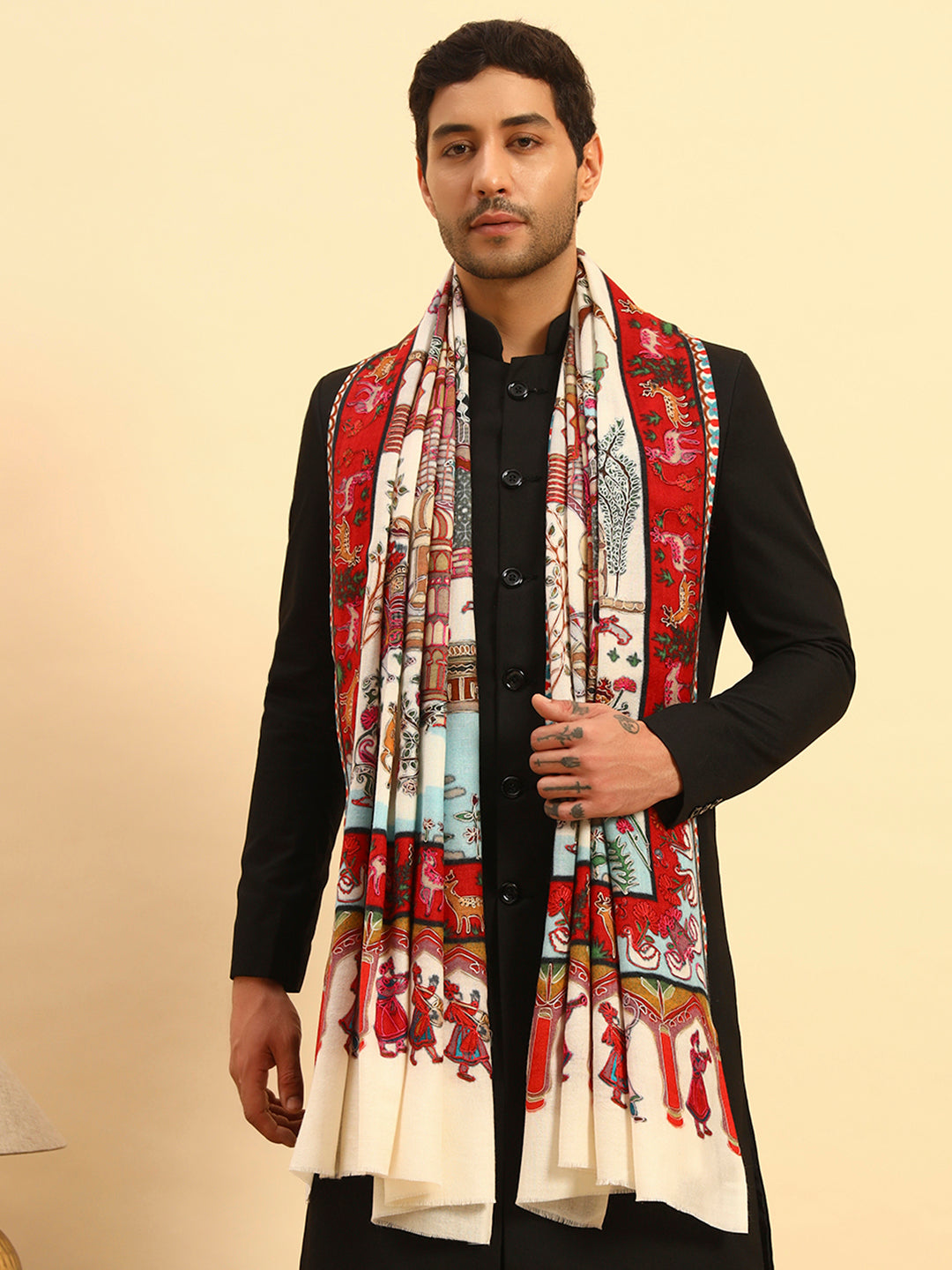 Pashmoda Men Mughal Bagh 100% Pure Wool Fabric Kalamkari Embroidered Shawl (Size: 101x203 CM)