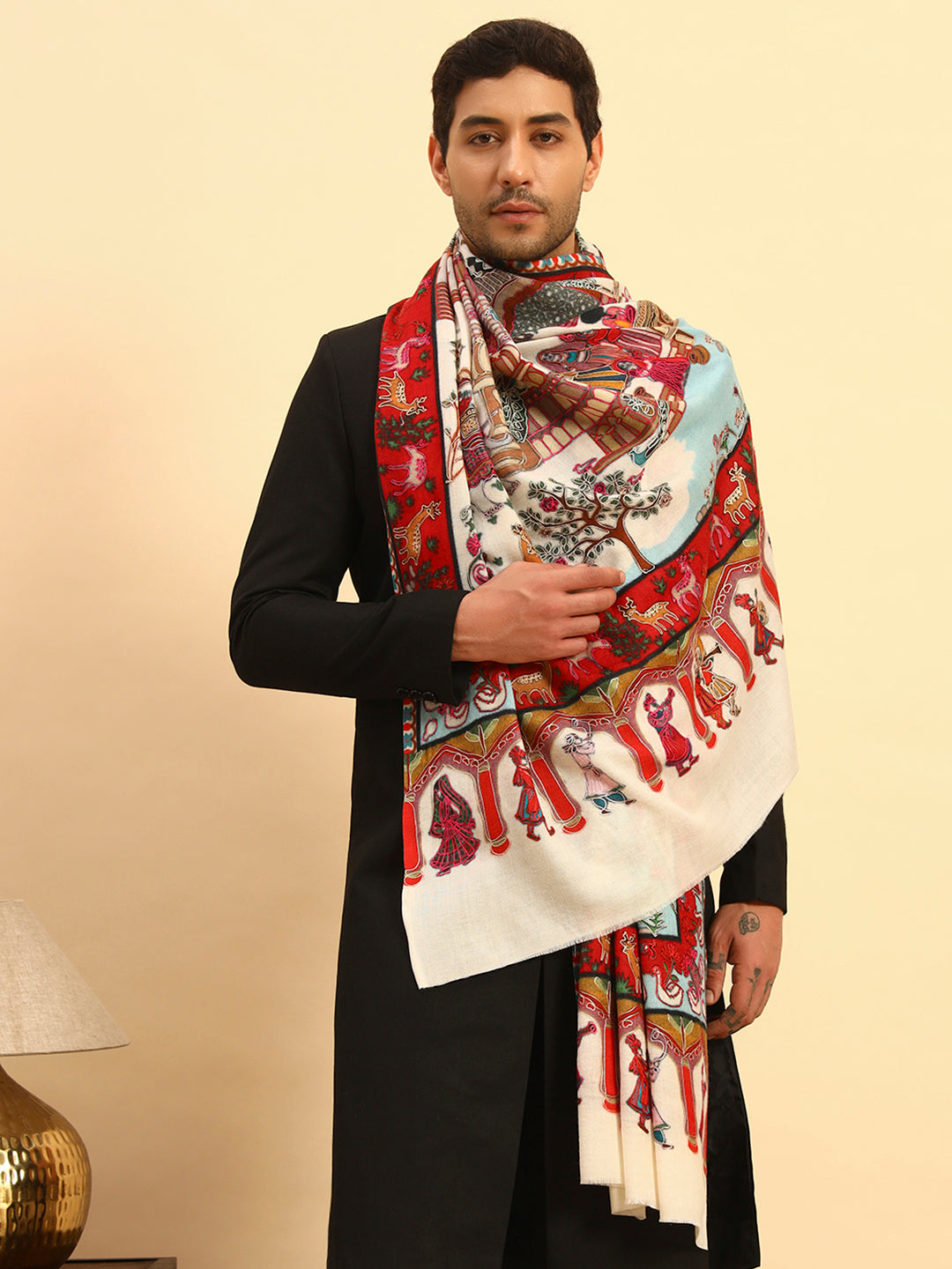 Pashmoda Men Mughal Bagh 100% Pure Wool Fabric Kalamkari Embroidered Shawl (Size: 101x203 CM)