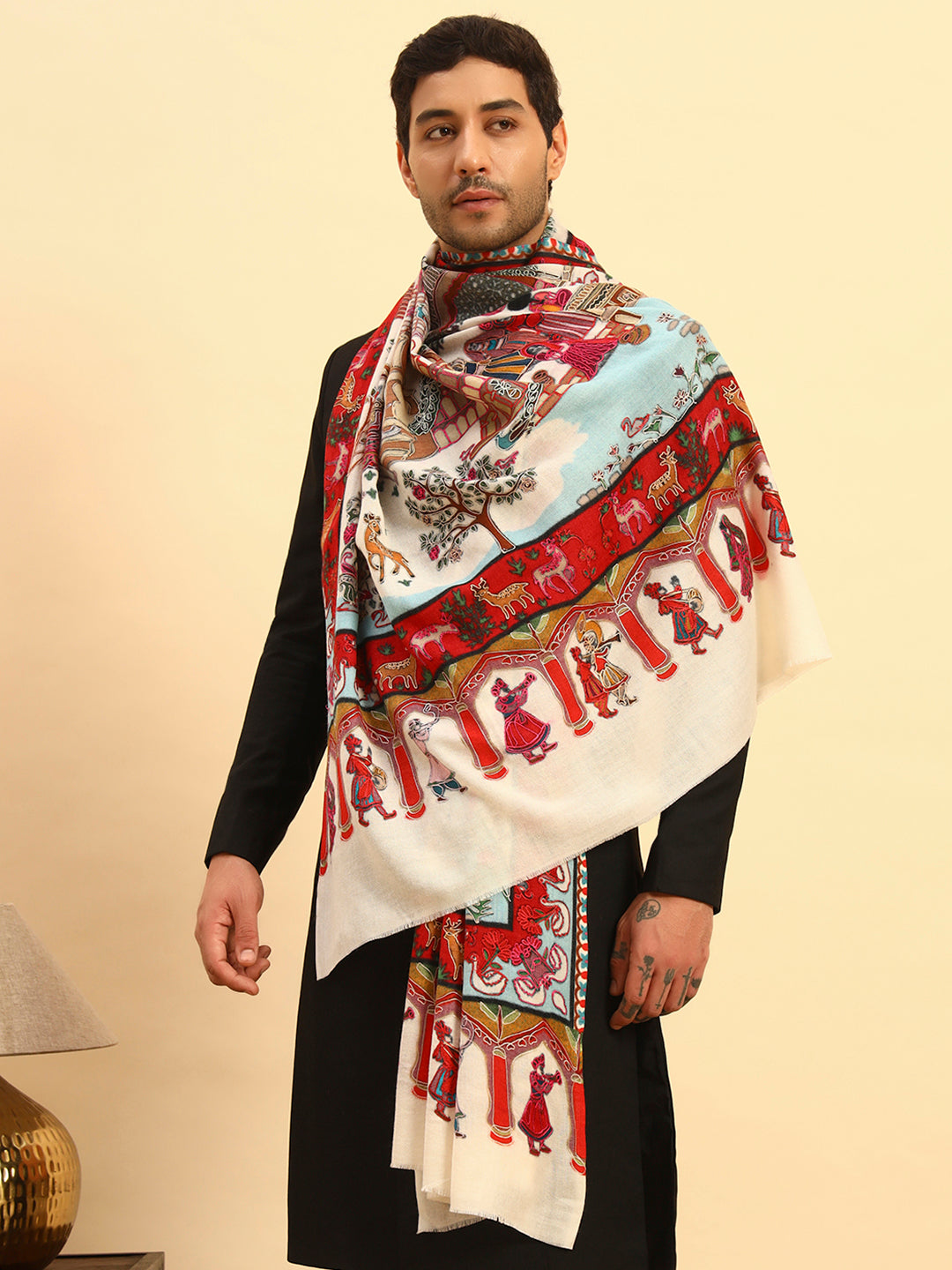 Pashmoda Men Mughal Bagh 100% Pure Wool Fabric Kalamkari Embroidered Shawl (Size: 101x203 CM)