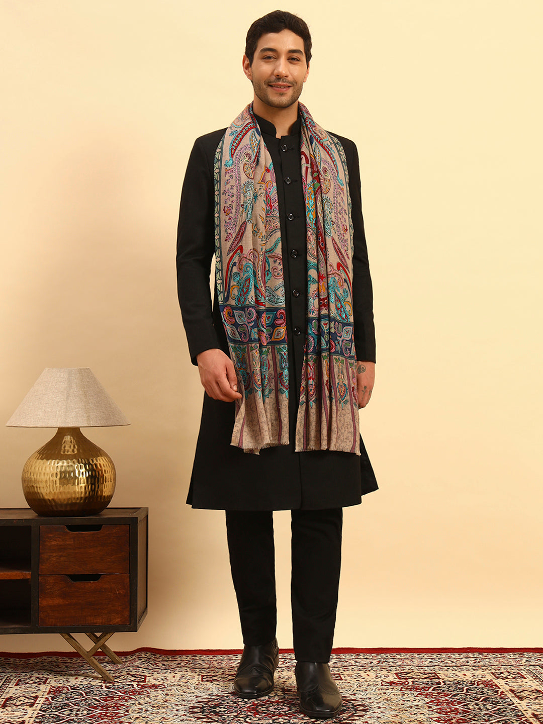 Pashmoda Men Saahtaar 100% Pure Wool Fabric Kalamkari Embroidered Stole (Size:71x203cm)