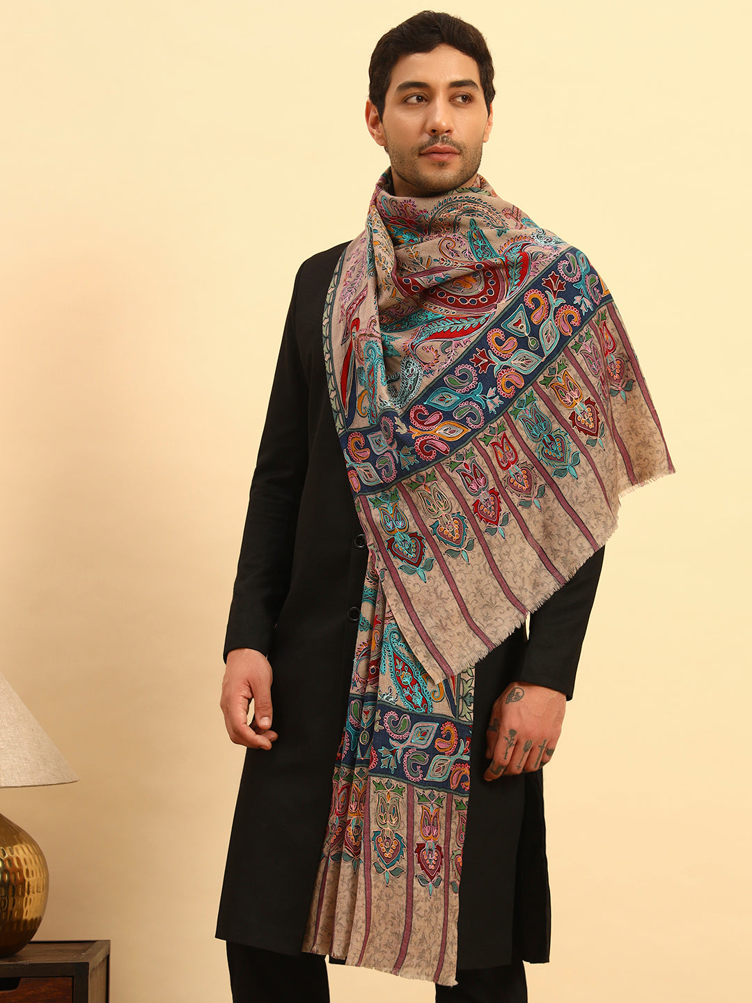 Pashmoda Men Saahtaar 100% Pure Wool Fabric Kalamkari Embroidered Stole (Size:71x203cm)