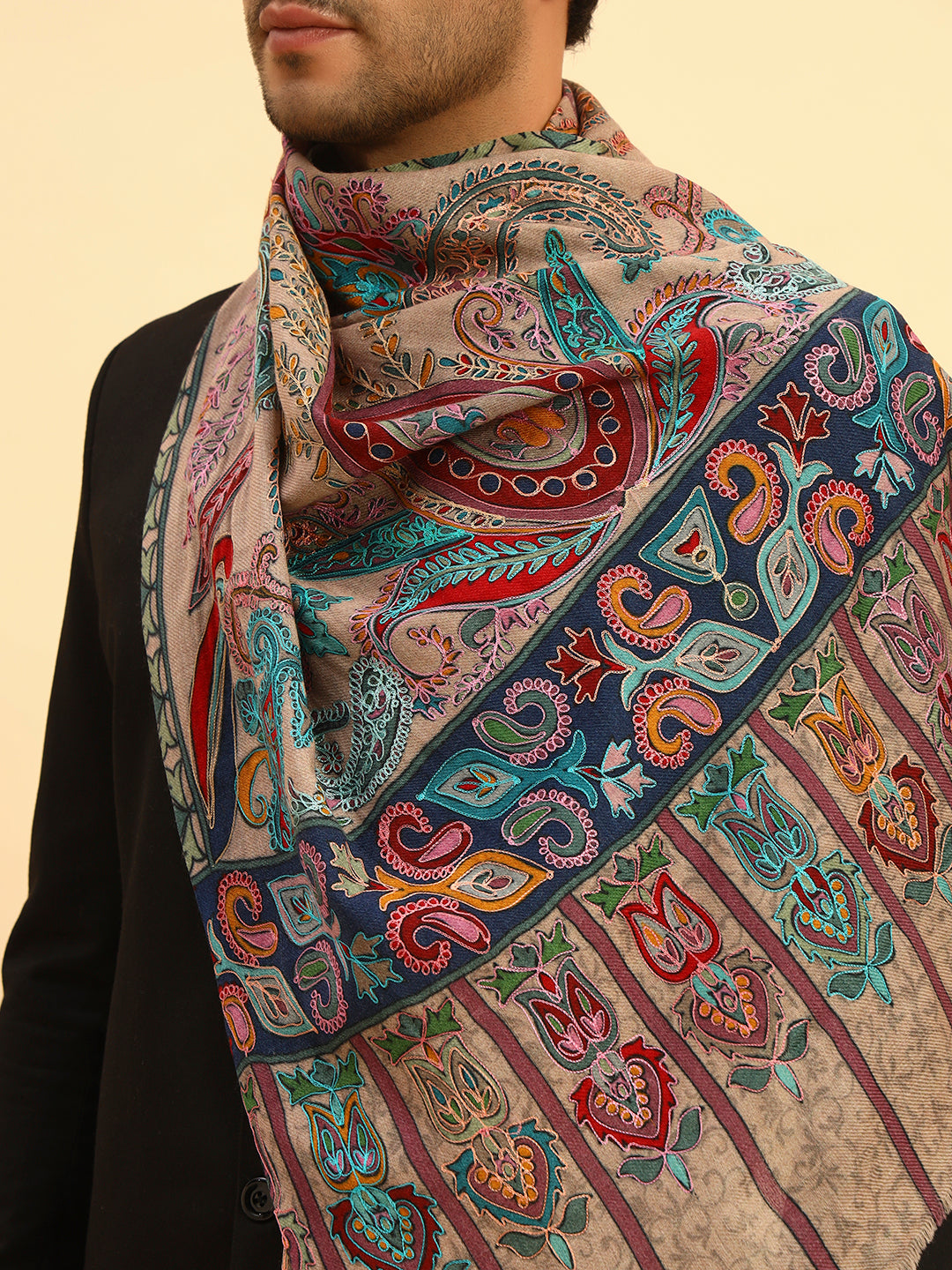 Pashmoda Men Saahtaar 100% Pure Wool Fabric Kalamkari Embroidered Stole (Size:71x203cm)
