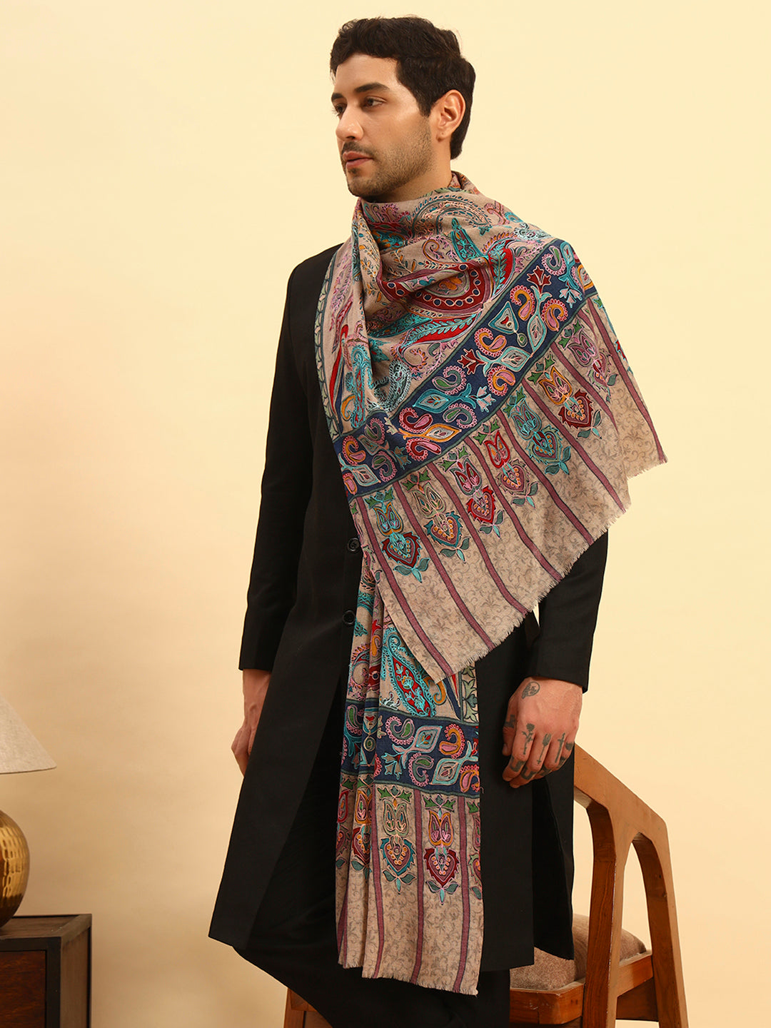 Pashmoda Men Saahtaar 100% Pure Wool Fabric Kalamkari Embroidered Stole (Size:71x203cm)