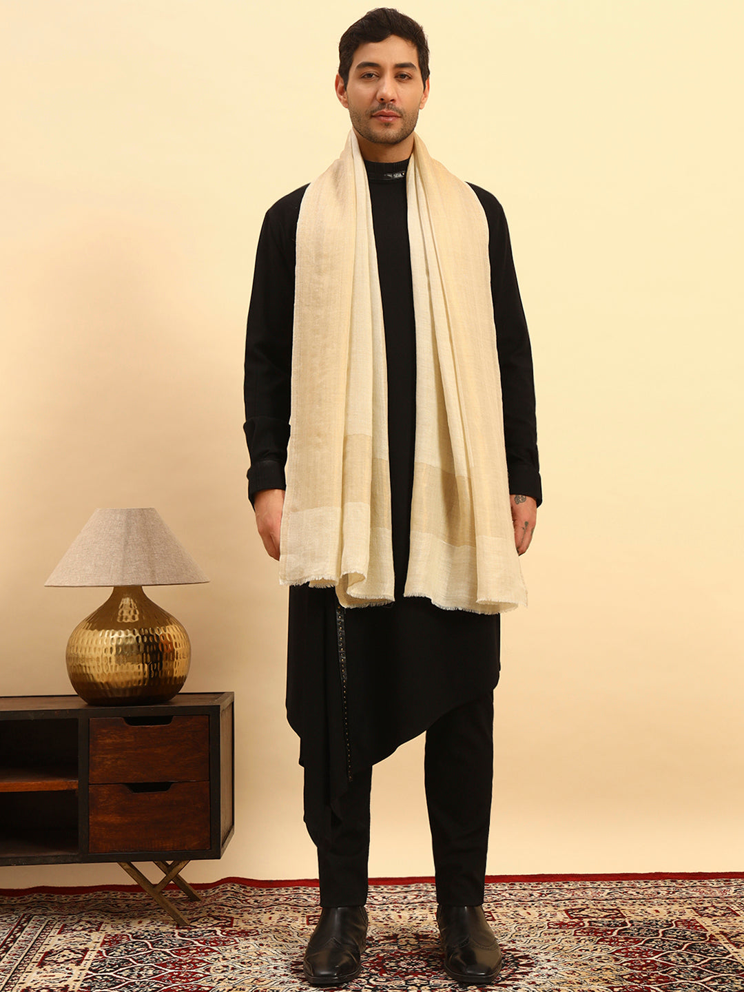 Pashmoda Men Midnight Bronze Reversible Zari Moonlight Fine Wool Stole (Size: 71x203 Cm)