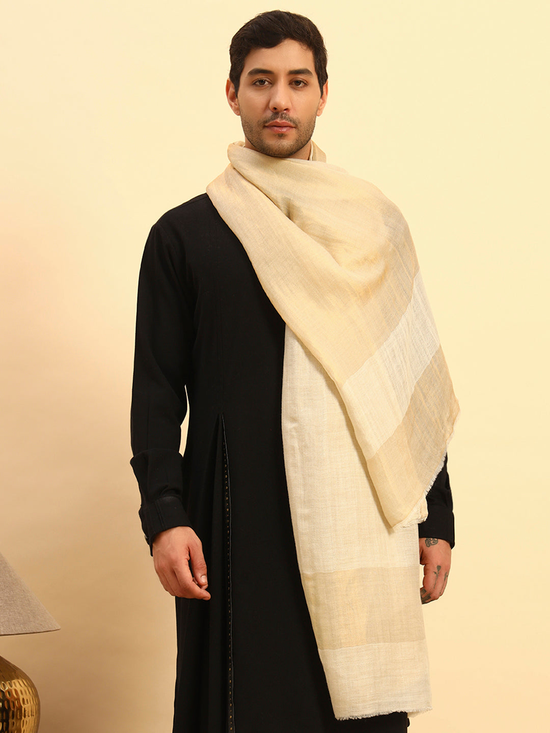 Pashmoda Men Midnight Bronze Reversible Zari Moonlight Fine Wool Stole (Size: 71x203 Cm)