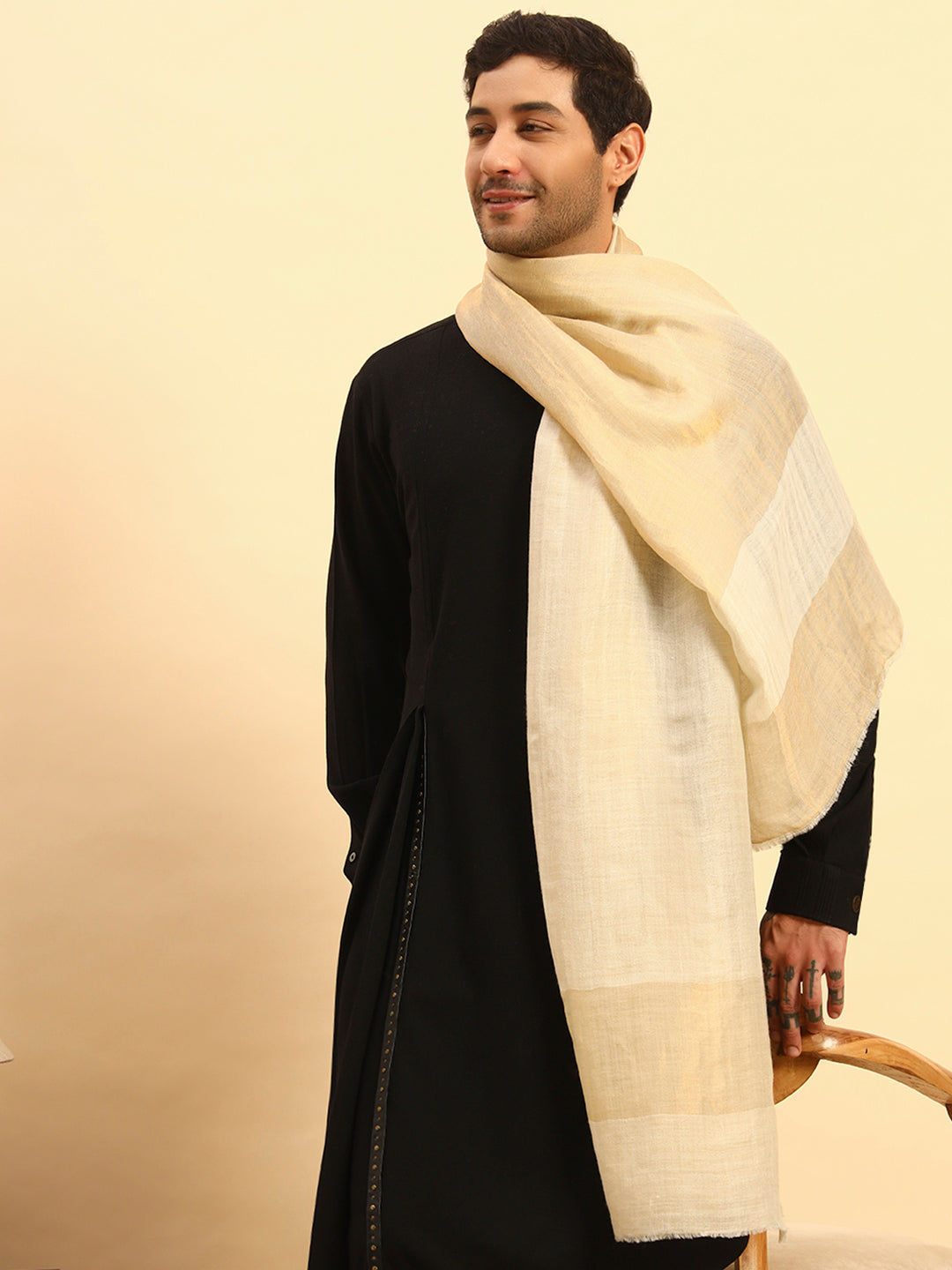 Pashmoda Men Midnight Bronze Reversible Zari Moonlight Fine Wool Stole (Size: 71x203 Cm)