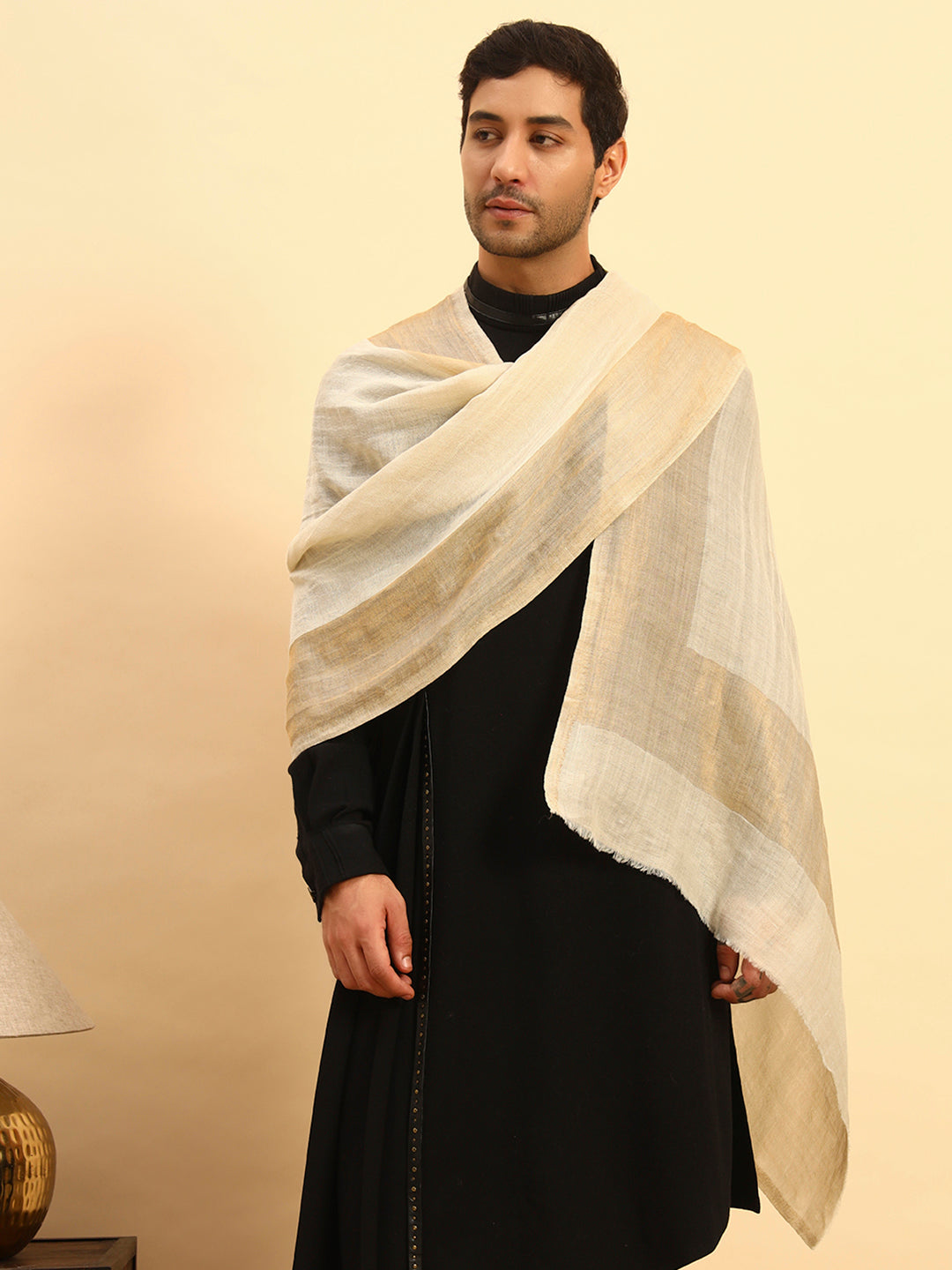 Pashmoda Men Midnight Bronze Reversible Zari Moonlight Fine Wool Stole (Size: 71x203 Cm)