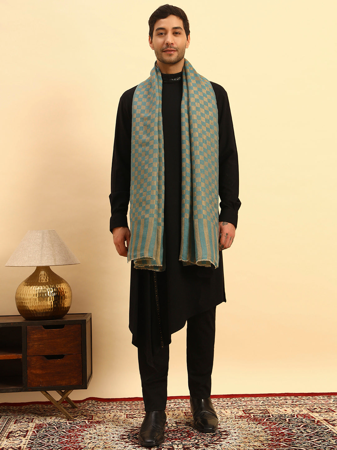 Pashmoda Men Champagne Check Reversible Zari Moonlight Fine Wool Stole (Size: 71x203 Cm)