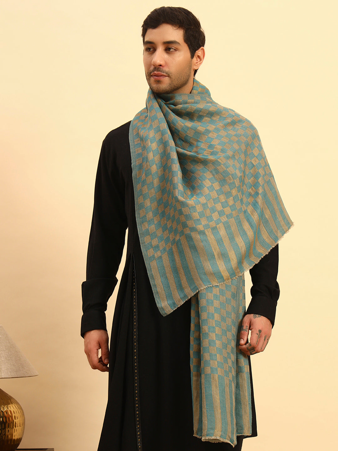 Pashmoda Men Champagne Check Reversible Zari Moonlight Fine Wool Stole (Size: 71x203 Cm)