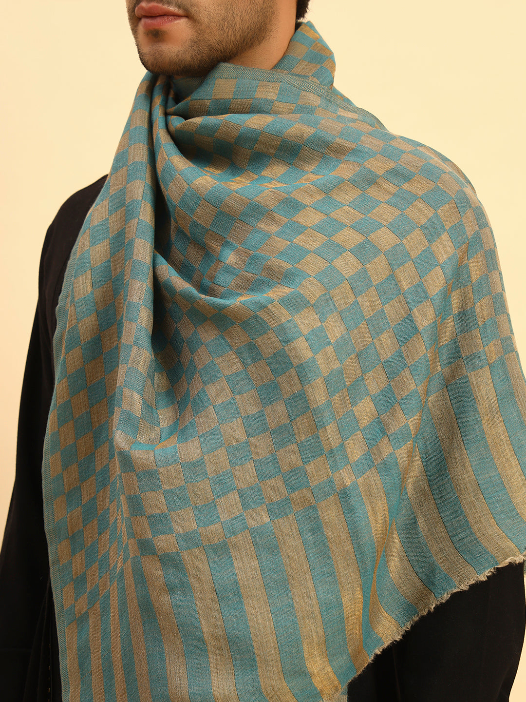 Pashmoda Men Champagne Check Reversible Zari Moonlight Fine Wool Stole (Size: 71x203 Cm)