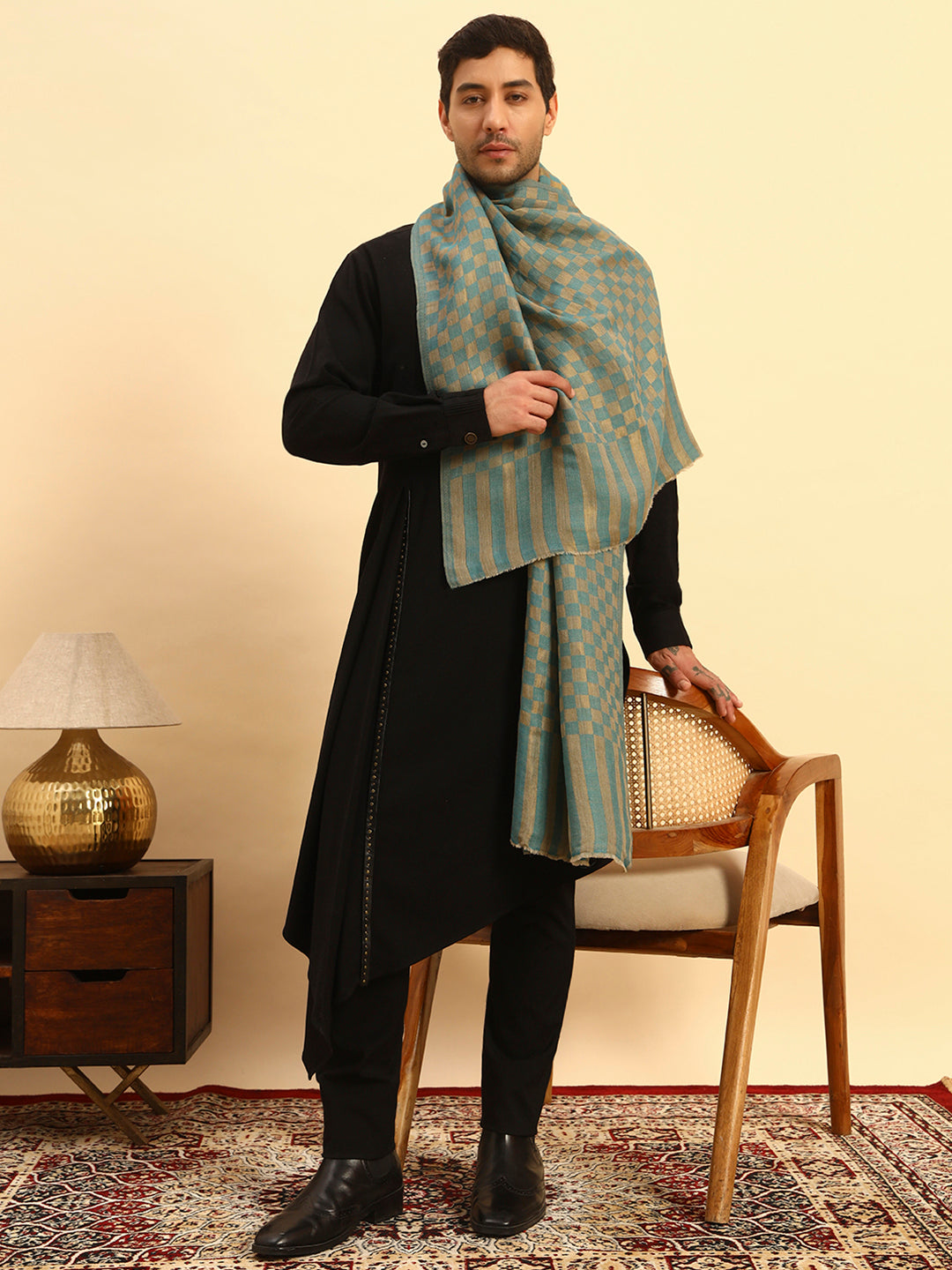 Pashmoda Men Champagne Check Reversible Zari Moonlight Fine Wool Stole (Size: 71x203 Cm)