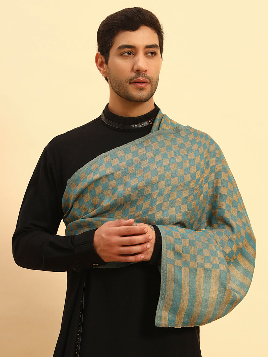 Pashmoda Men Champagne Check Reversible Zari Moonlight Fine Wool Stole (Size: 71x203 Cm)