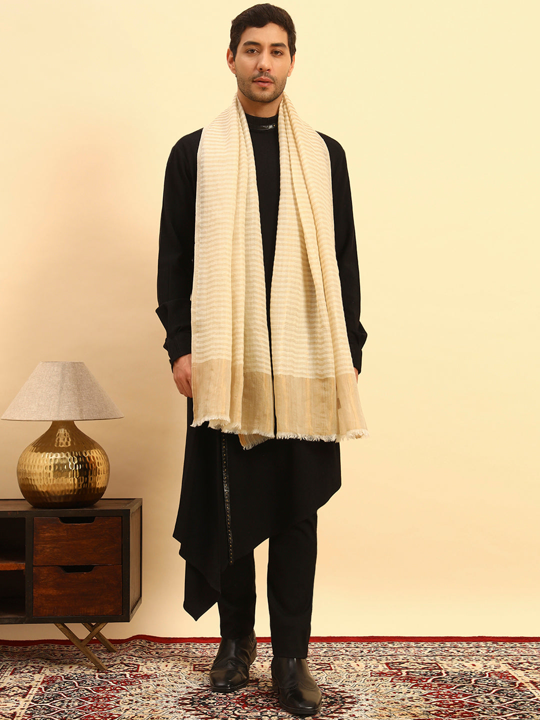 Pashmoda Men Golden Eclipse Reversible Zari Moonlight Fine Wool Stole (Size: 71x203 Cm)
