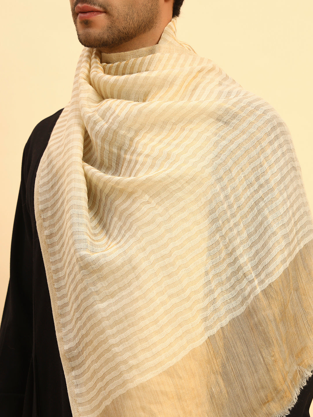 Pashmoda Men Golden Eclipse Reversible Zari Moonlight Fine Wool Stole (Size: 71x203 Cm)