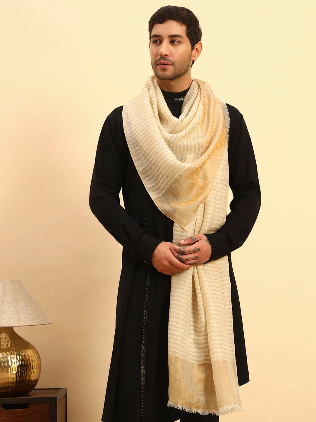 Pashmoda Men Golden Eclipse Reversible Zari Moonlight Fine Wool Stole (Size: 71x203 Cm)