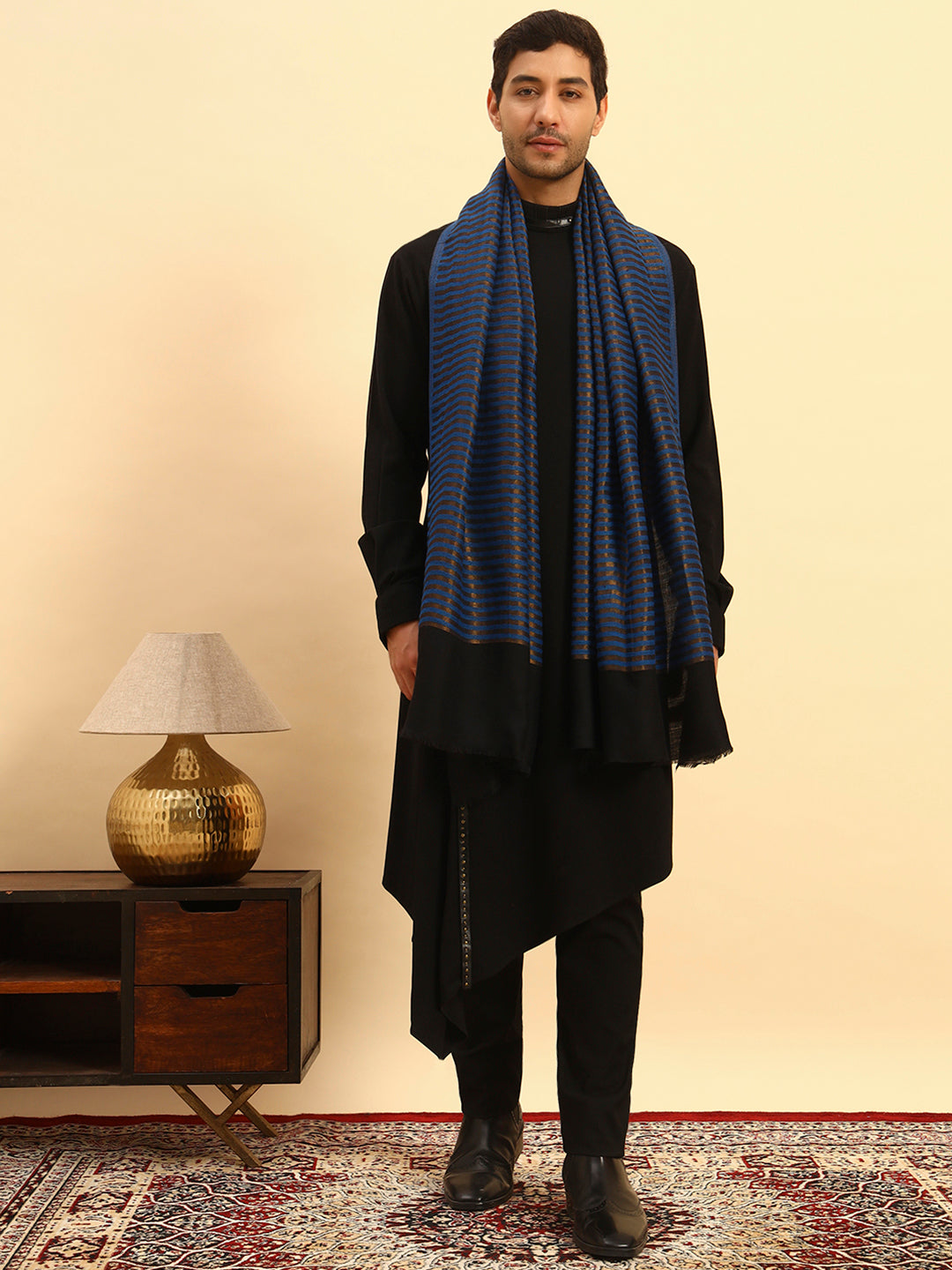 Pashmoda Men Golden Eclipse Reversible Zari Moonlight Fine Wool Stole (Size: 71x203 Cm)