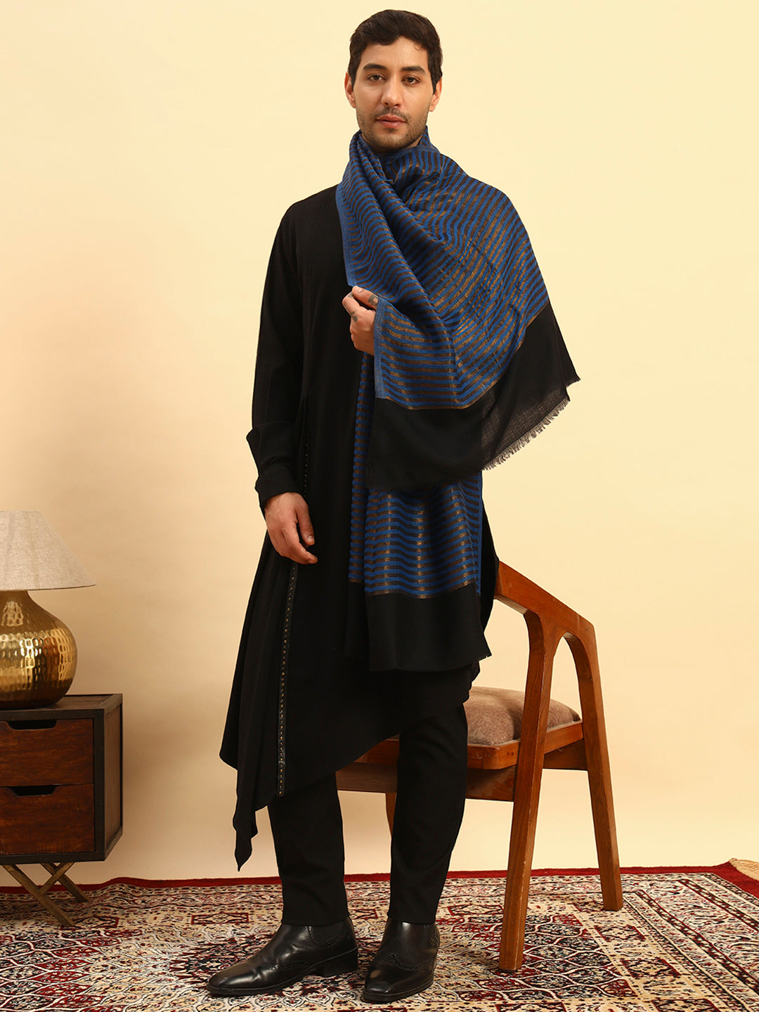 Pashmoda Men Golden Eclipse Reversible Zari Moonlight Fine Wool Stole (Size: 71x203 Cm)