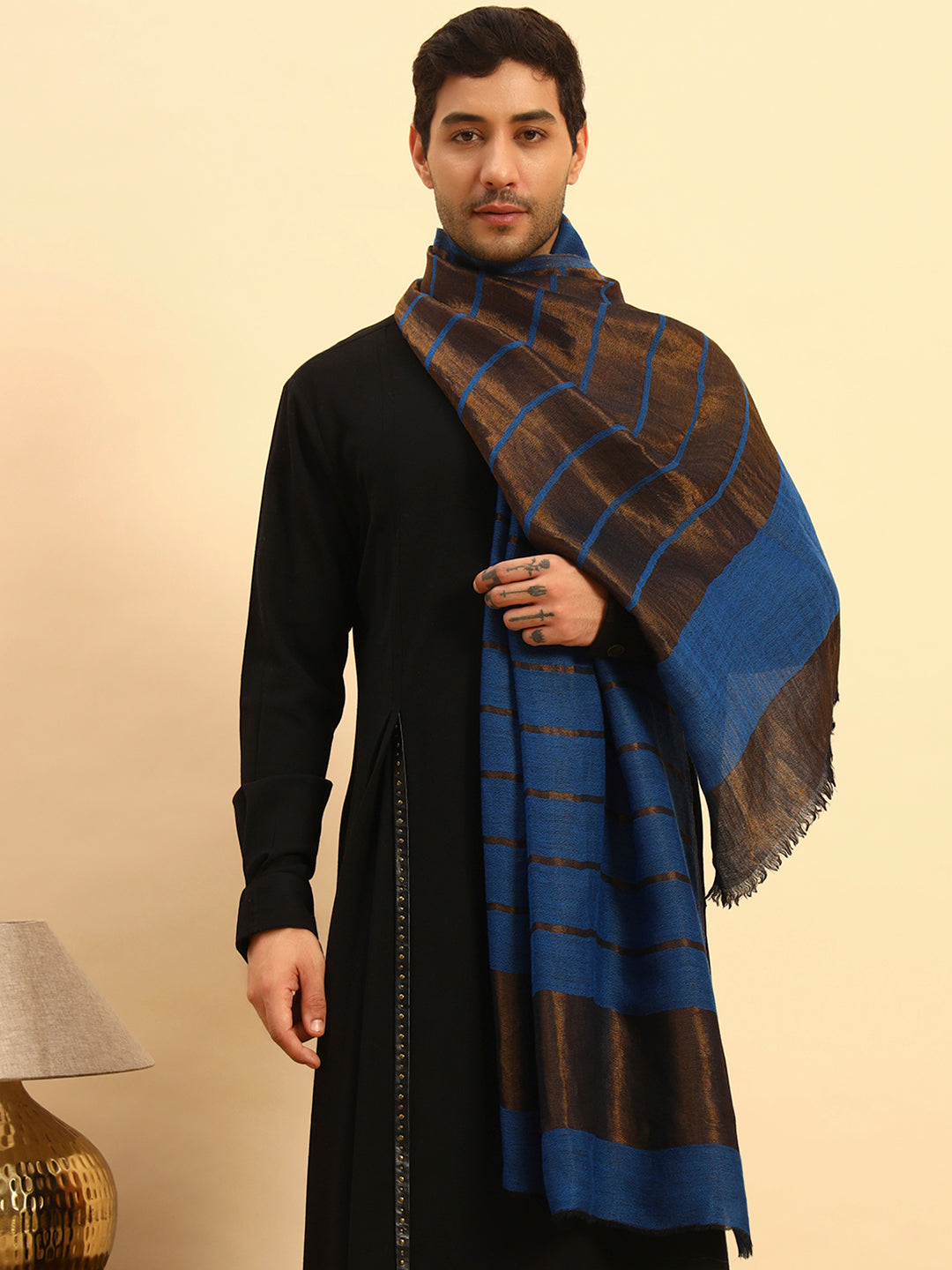 Pashmoda Men Parallel Grace Reversible Zari Moonlight Fine Wool Stole (Size: 71x203 Cm)