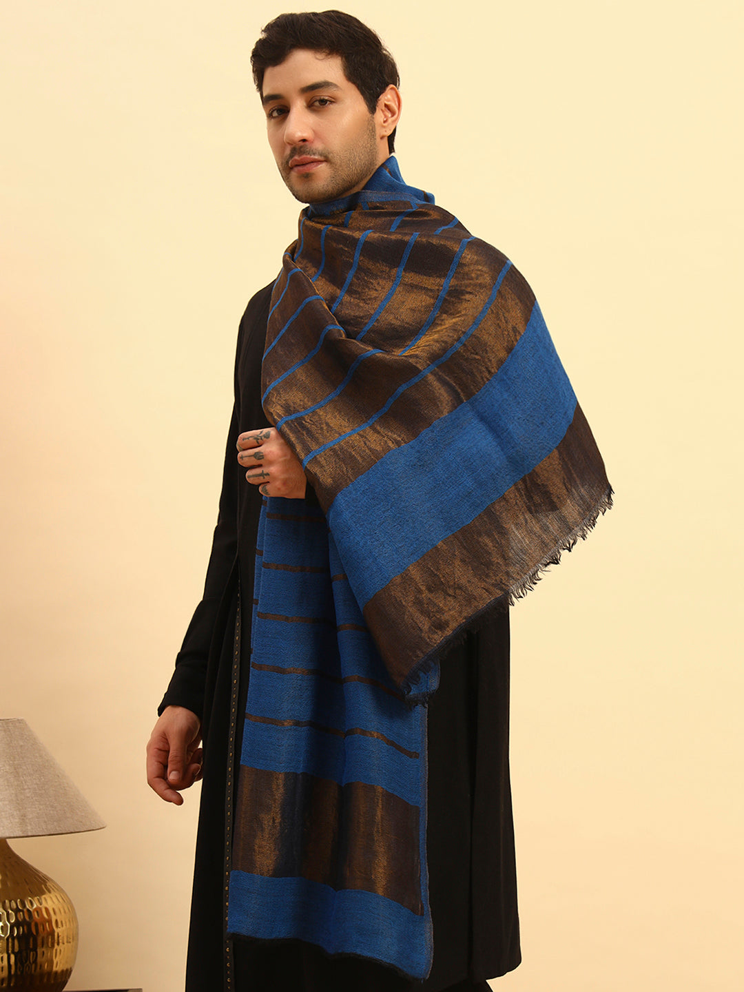 Pashmoda Men Parallel Grace Reversible Zari Moonlight Fine Wool Stole (Size: 71x203 Cm)