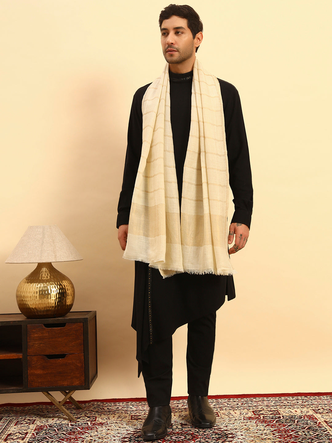 Pashmoda Men Parallel Grace Reversible Zari Moonlight Fine Wool Stole (Size: 71x203 Cm)