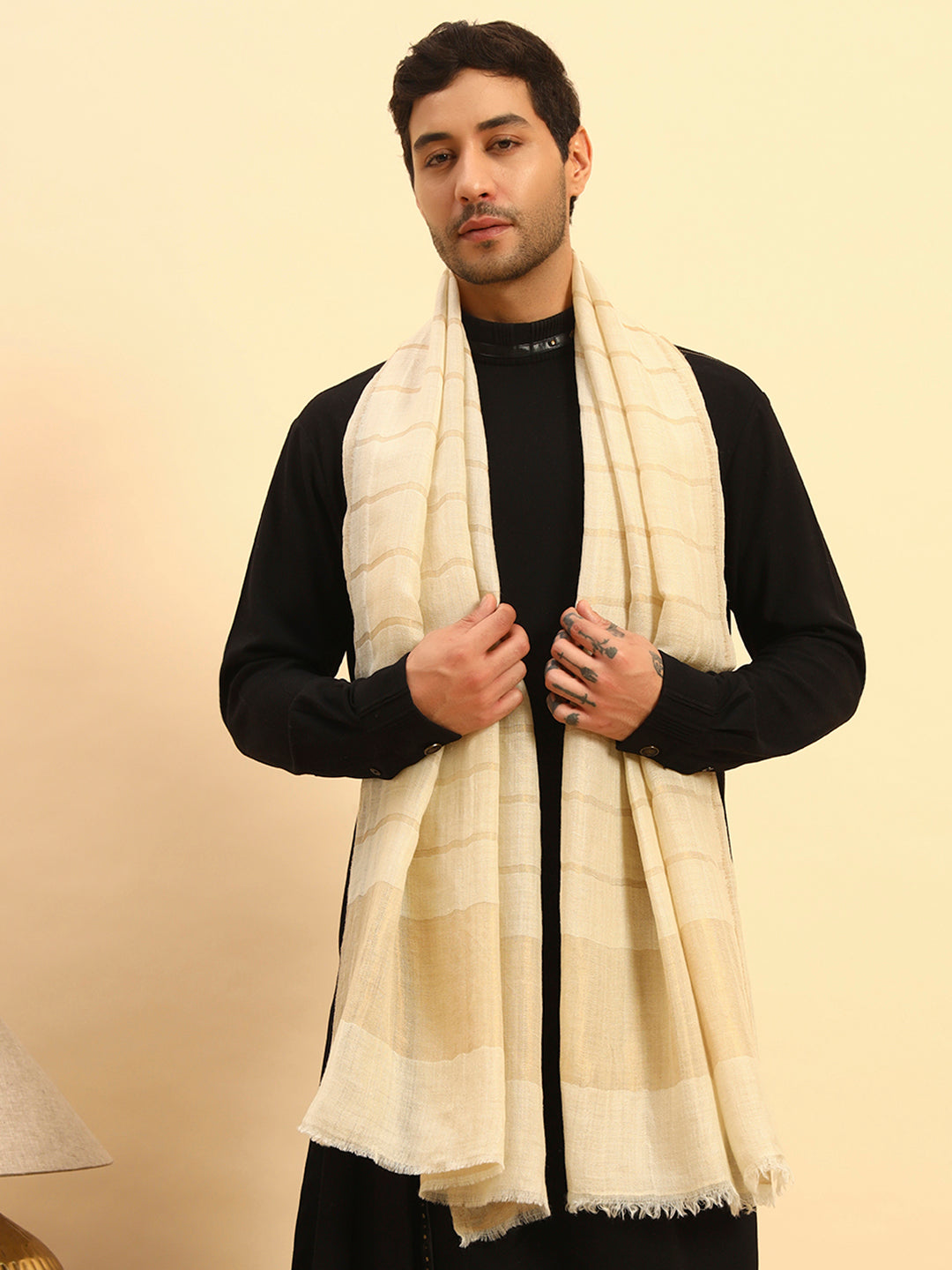 Pashmoda Men Parallel Grace Reversible Zari Moonlight Fine Wool Stole (Size: 71x203 Cm)