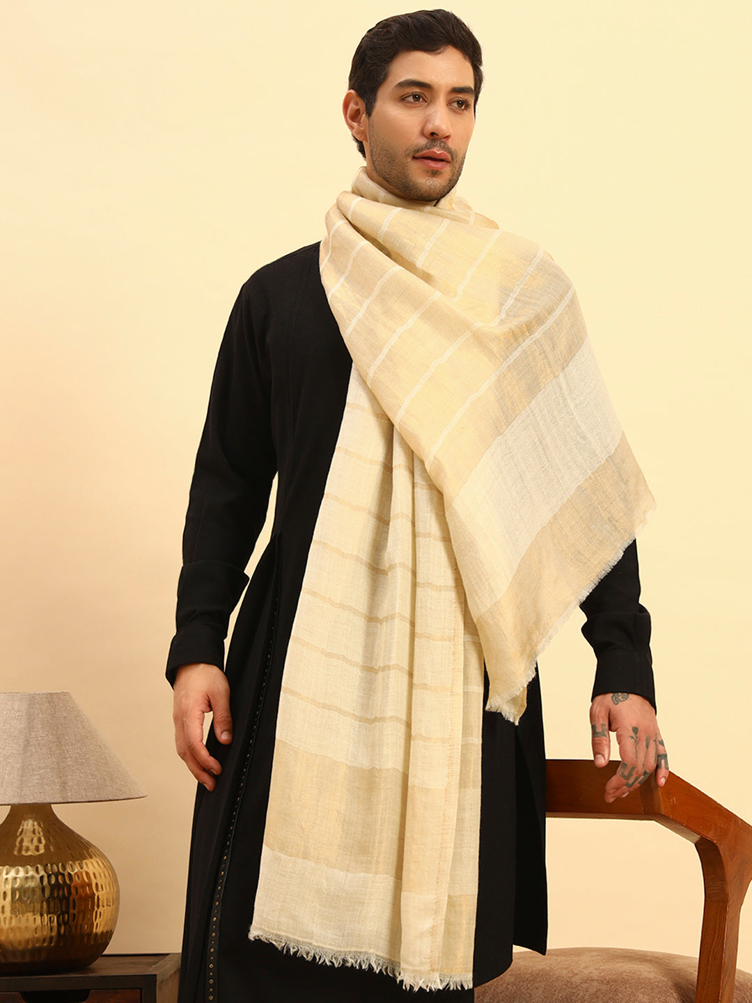 Pashmoda Men Parallel Grace Reversible Zari Moonlight Fine Wool Stole (Size: 71x203 Cm)