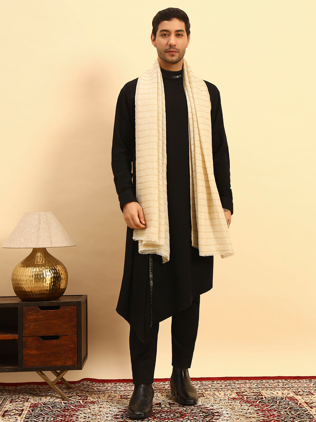 Pashmoda Men Golden Mirage Reversible Zari Moonlight Fine Wool Stole (Size: 71x203 Cm)