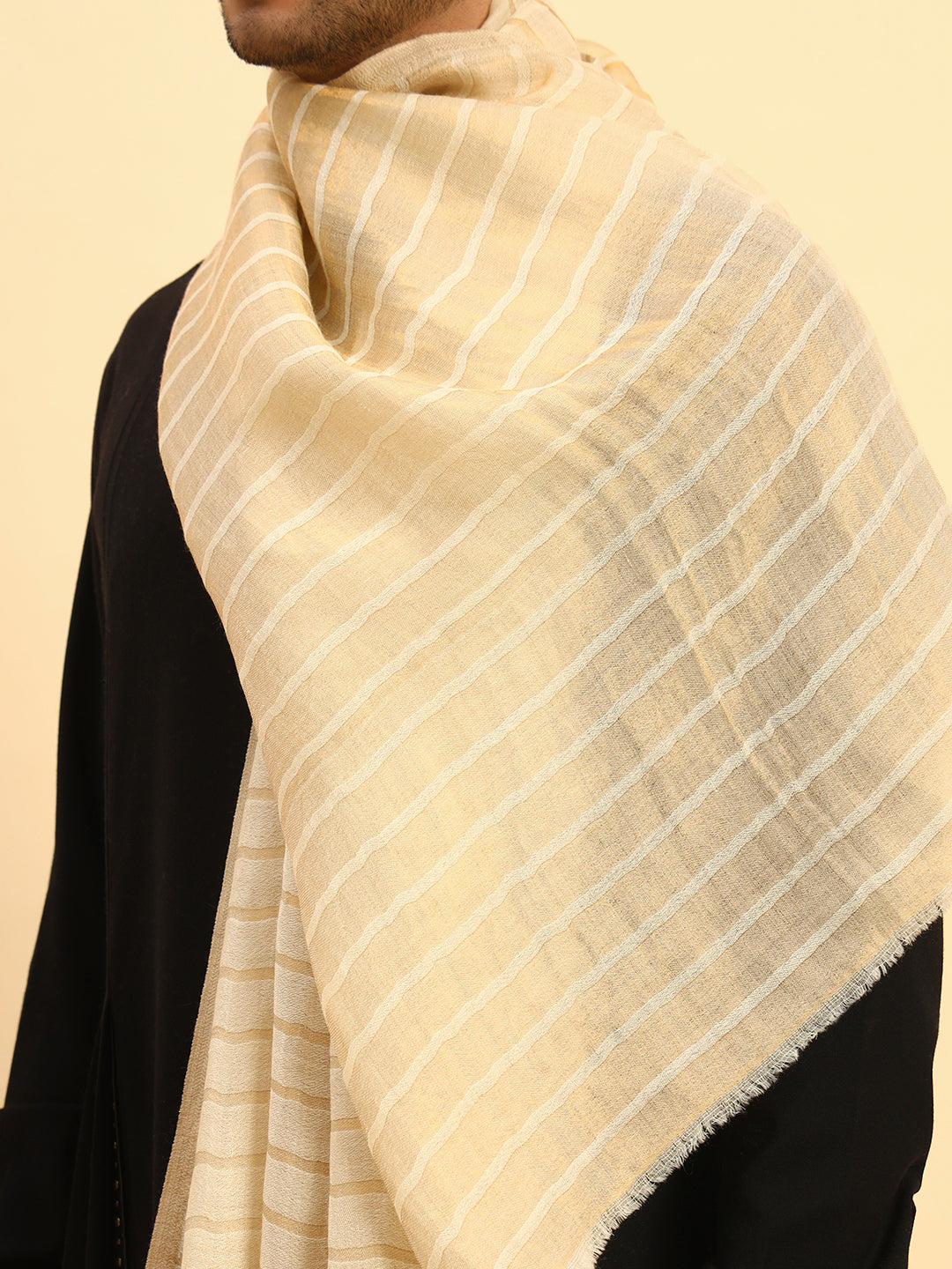 Pashmoda Men Golden Mirage Reversible Zari Moonlight Fine Wool Stole (Size: 71x203 Cm)