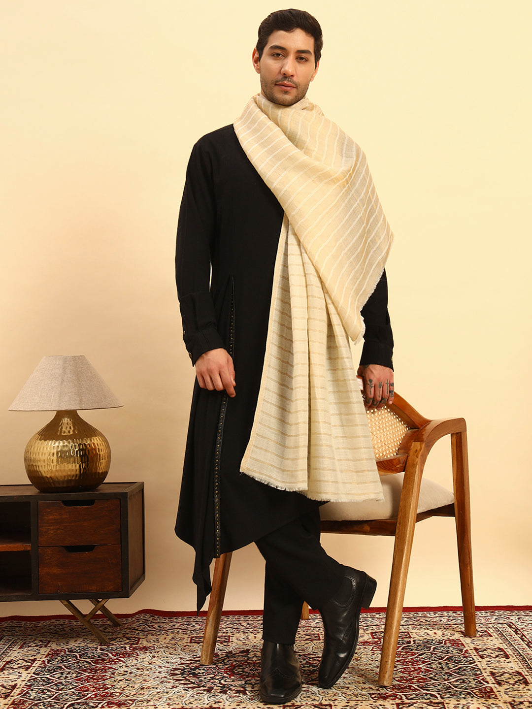 Pashmoda Men Golden Mirage Reversible Zari Moonlight Fine Wool Stole (Size: 71x203 Cm)
