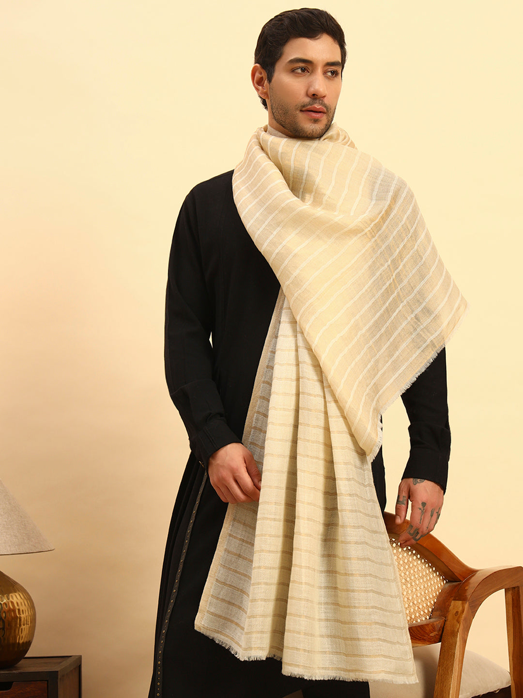 Pashmoda Men Golden Mirage Reversible Zari Moonlight Fine Wool Stole (Size: 71x203 Cm)