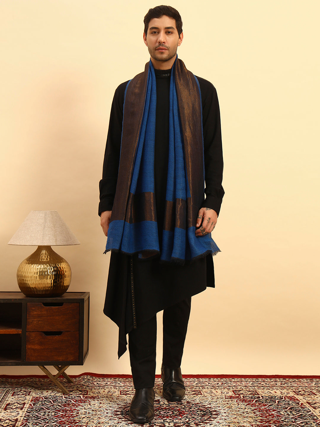 Pashmoda Men Midnight Bronze Reversible Zari Moonlight Fine Wool Stole (Size: 71x203 Cm)