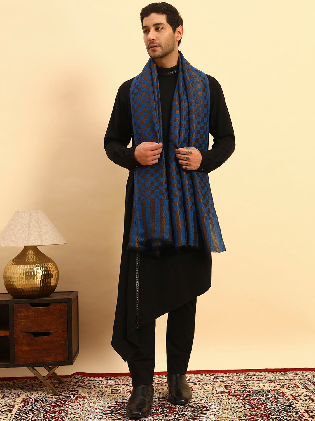 Pashmoda Men Champagne Check Reversible Zari Moonlight Fine Wool Stole (Size: 71x203 Cm)