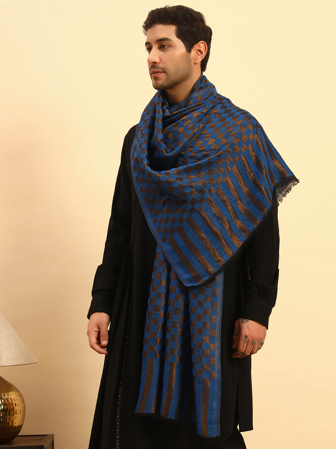 Pashmoda Men Champagne Check Reversible Zari Moonlight Fine Wool Stole (Size: 71x203 Cm)