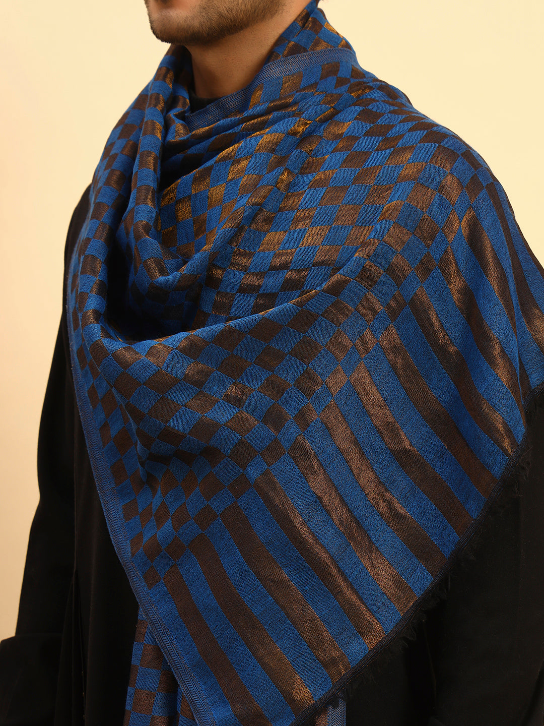 Pashmoda Men Champagne Check Reversible Zari Moonlight Fine Wool Stole (Size: 71x203 Cm)