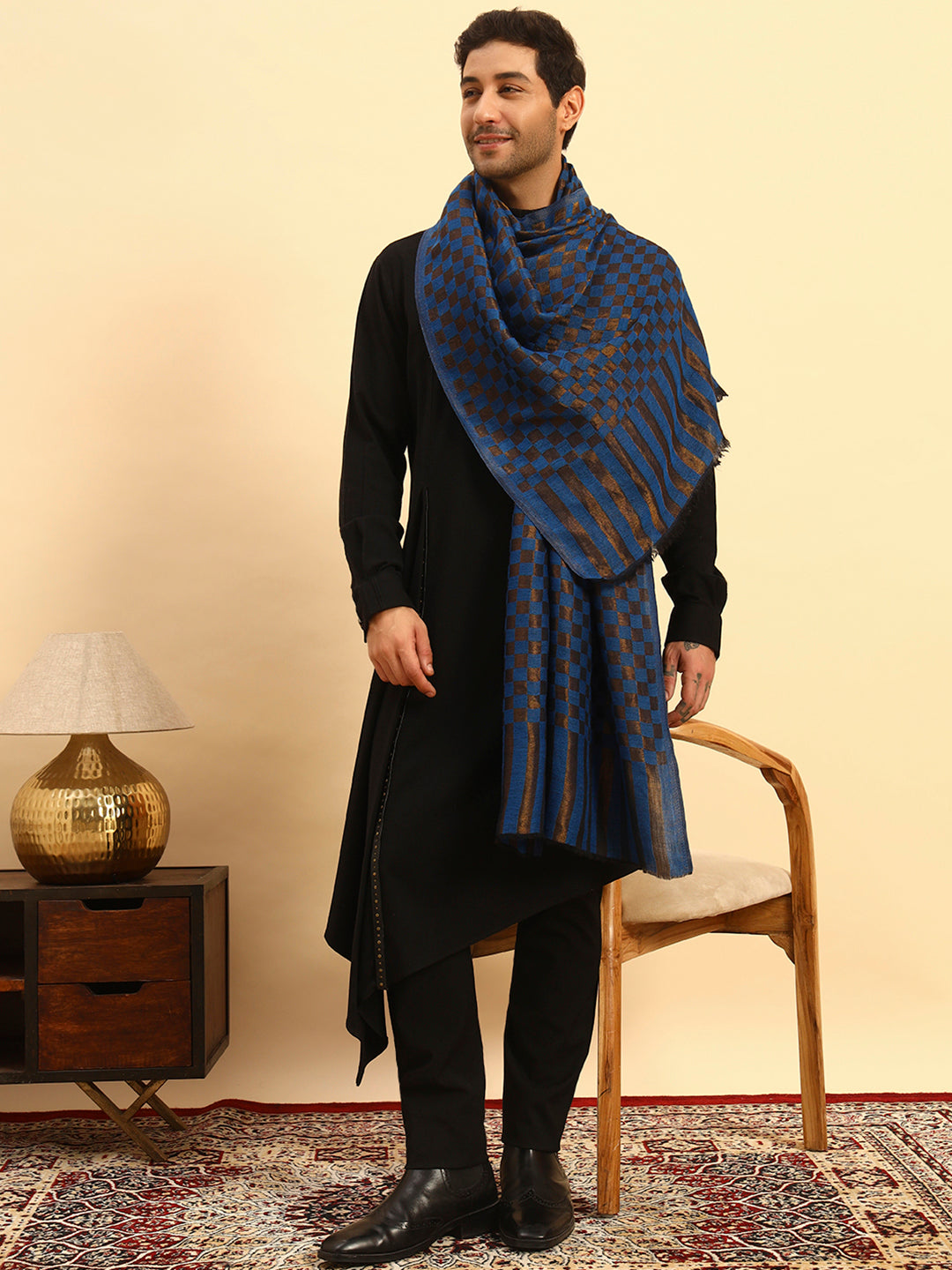 Pashmoda Men Champagne Check Reversible Zari Moonlight Fine Wool Stole (Size: 71x203 Cm)