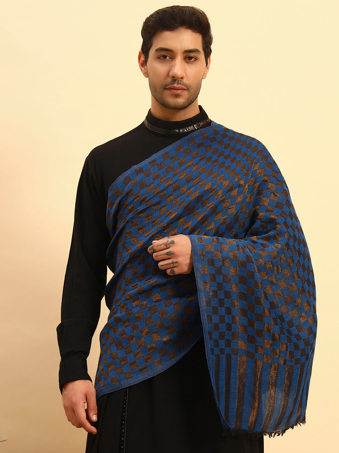 Pashmoda Men Champagne Check Reversible Zari Moonlight Fine Wool Stole (Size: 71x203 Cm)