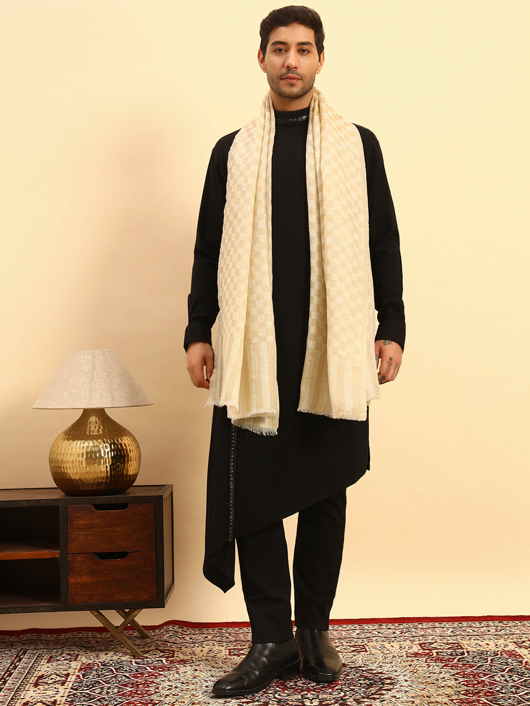 Pashmoda Men Champagne Check Reversible Zari Moonlight Fine Wool Stole (Size: 71x203 Cm)