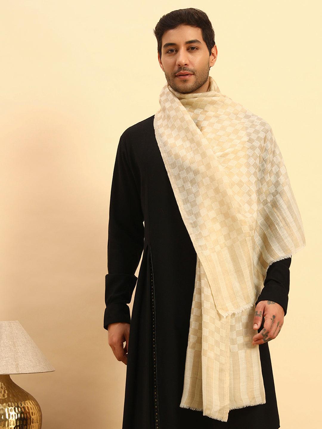 Pashmoda Men Champagne Check Reversible Zari Moonlight Fine Wool Stole (Size: 71x203 Cm)