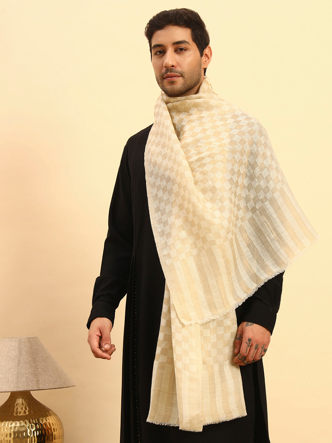 Pashmoda Men Champagne Check Reversible Zari Moonlight Fine Wool Stole (Size: 71x203 Cm)