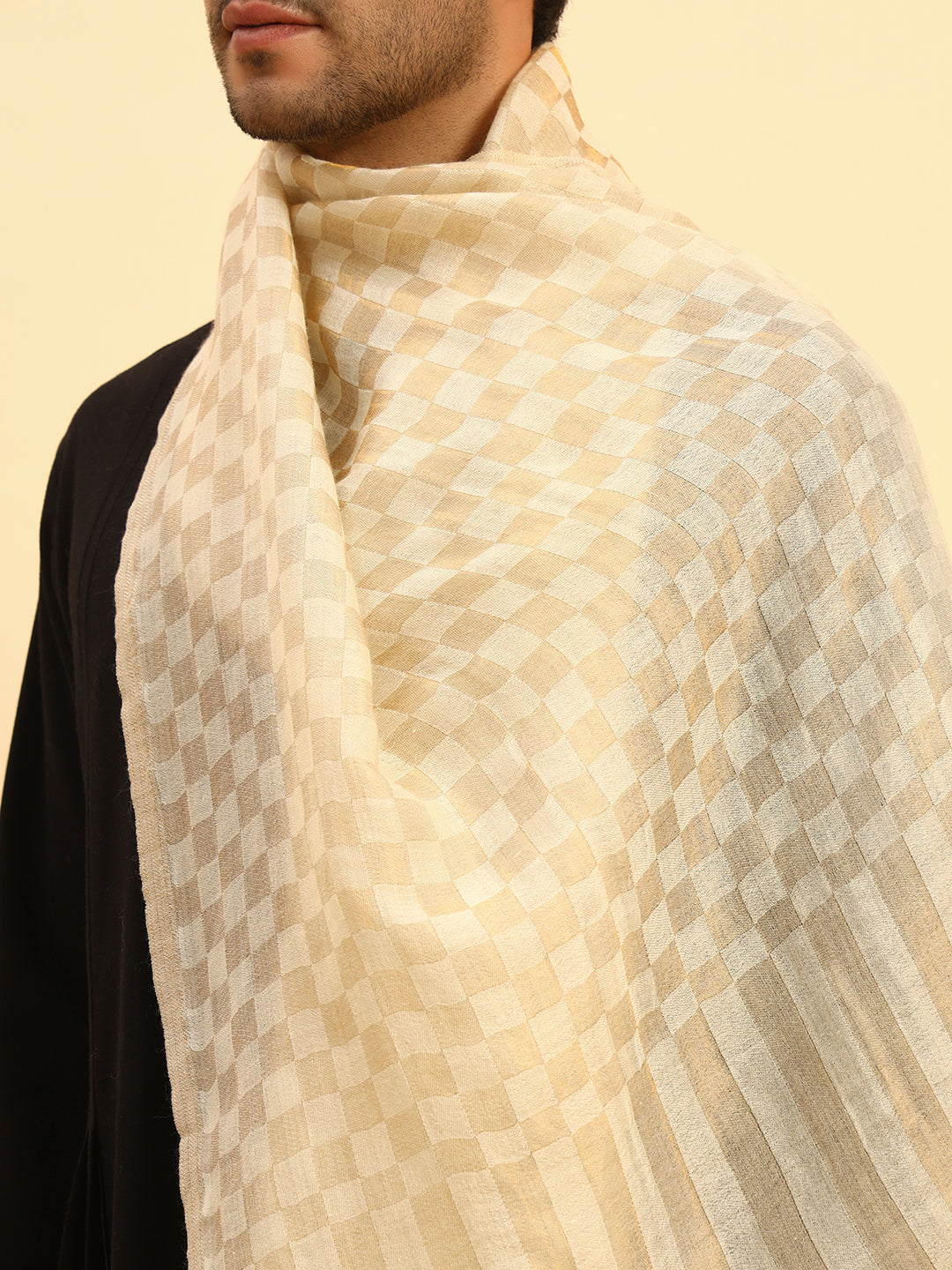 Pashmoda Men Champagne Check Reversible Zari Moonlight Fine Wool Stole (Size: 71x203 Cm)