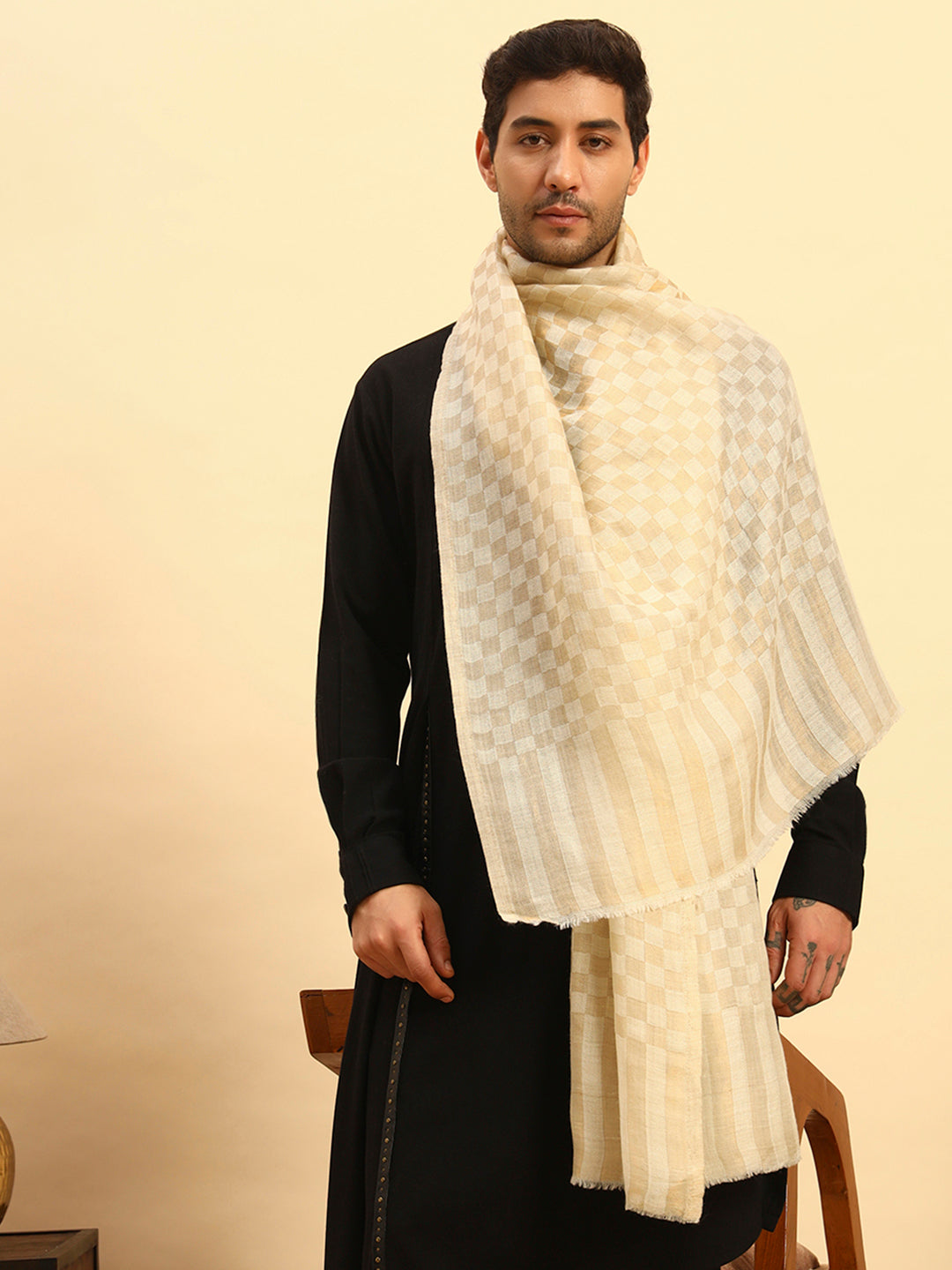 Pashmoda Men Champagne Check Reversible Zari Moonlight Fine Wool Stole (Size: 71x203 Cm)