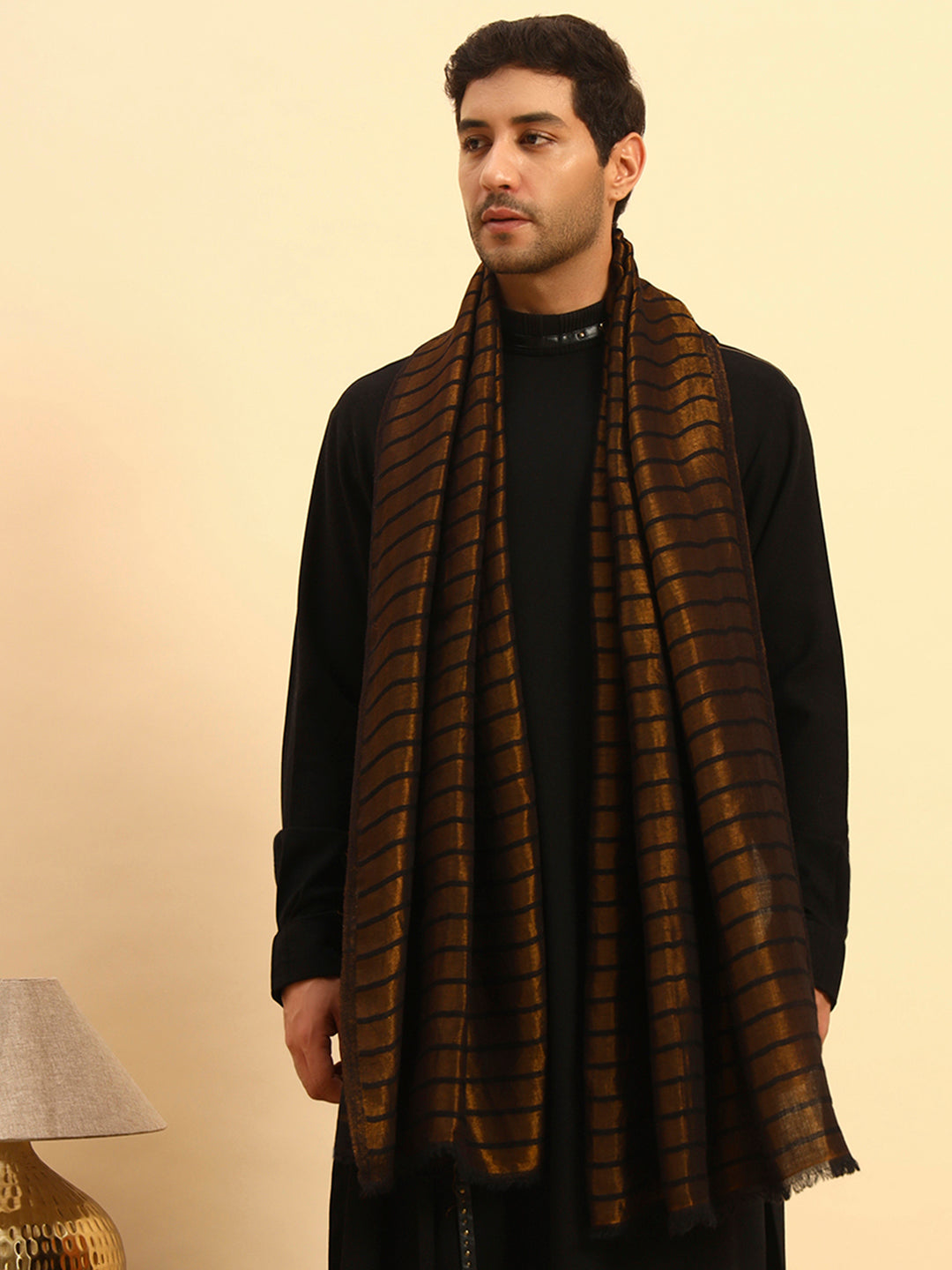 Pashmoda Men Golden Mirage Reversible Zari Moonlight Fine Wool Stole (Size: 71x203 Cm)