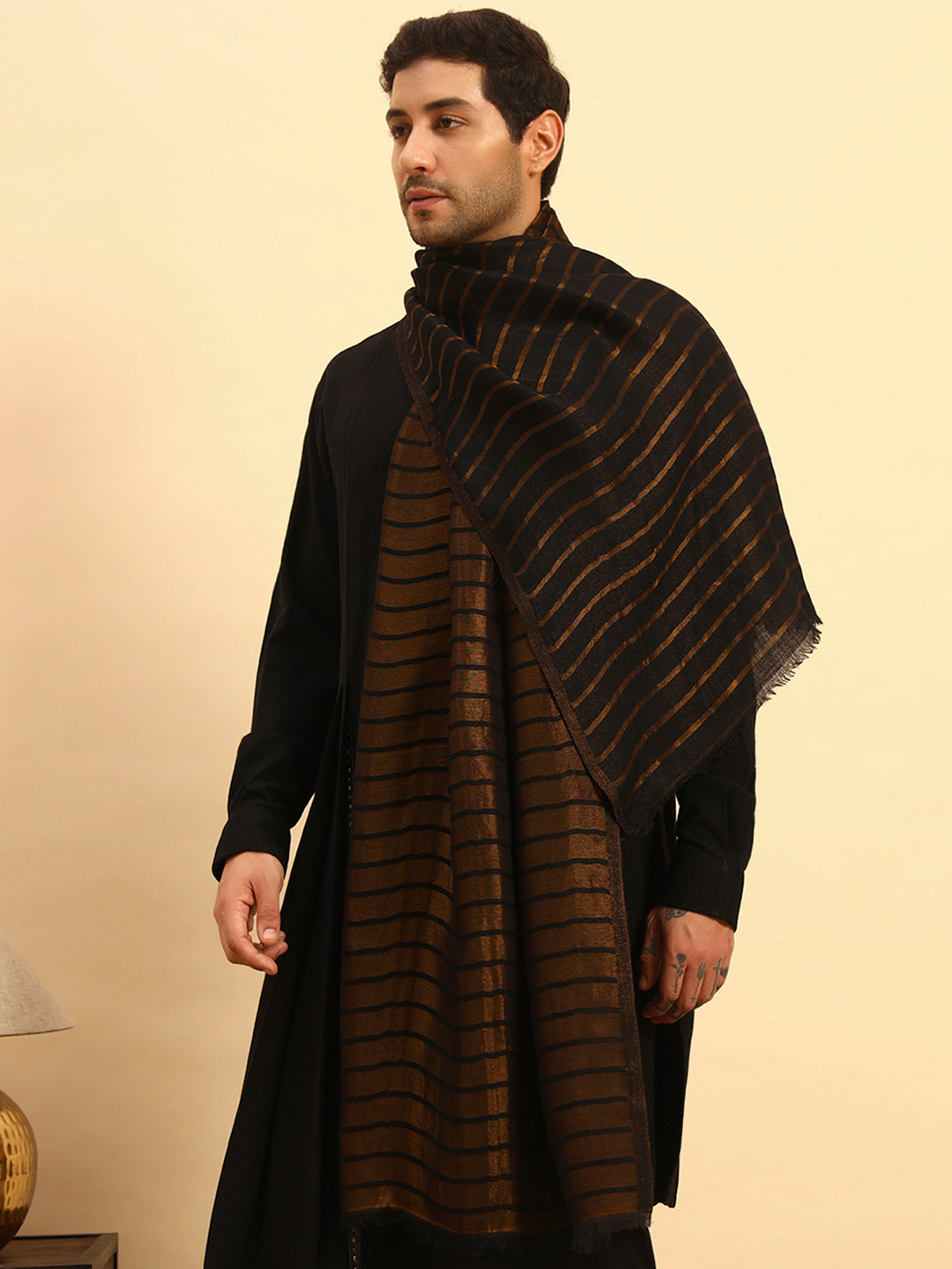 Pashmoda Men Golden Mirage Reversible Zari Moonlight Fine Wool Stole (Size: 71x203 Cm)