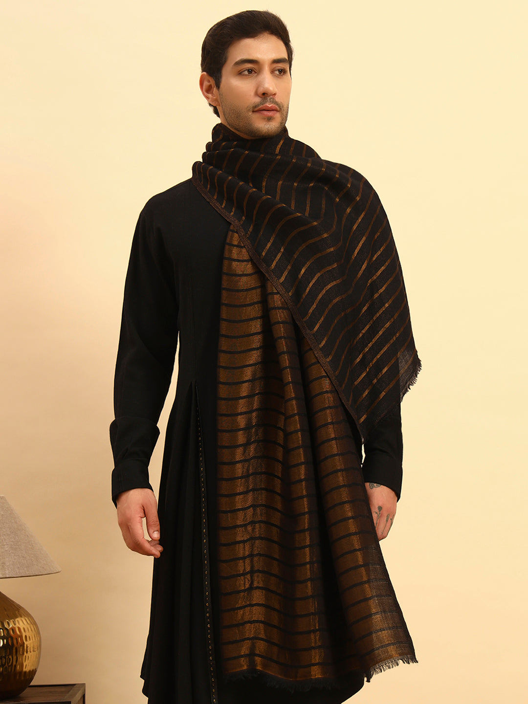 Pashmoda Men Golden Mirage Reversible Zari Moonlight Fine Wool Stole (Size: 71x203 Cm)