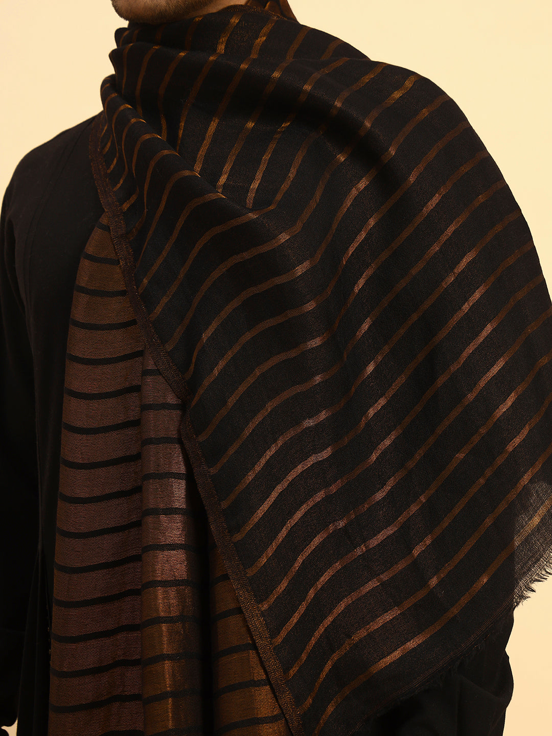 Pashmoda Men Golden Mirage Reversible Zari Moonlight Fine Wool Stole (Size: 71x203 Cm)