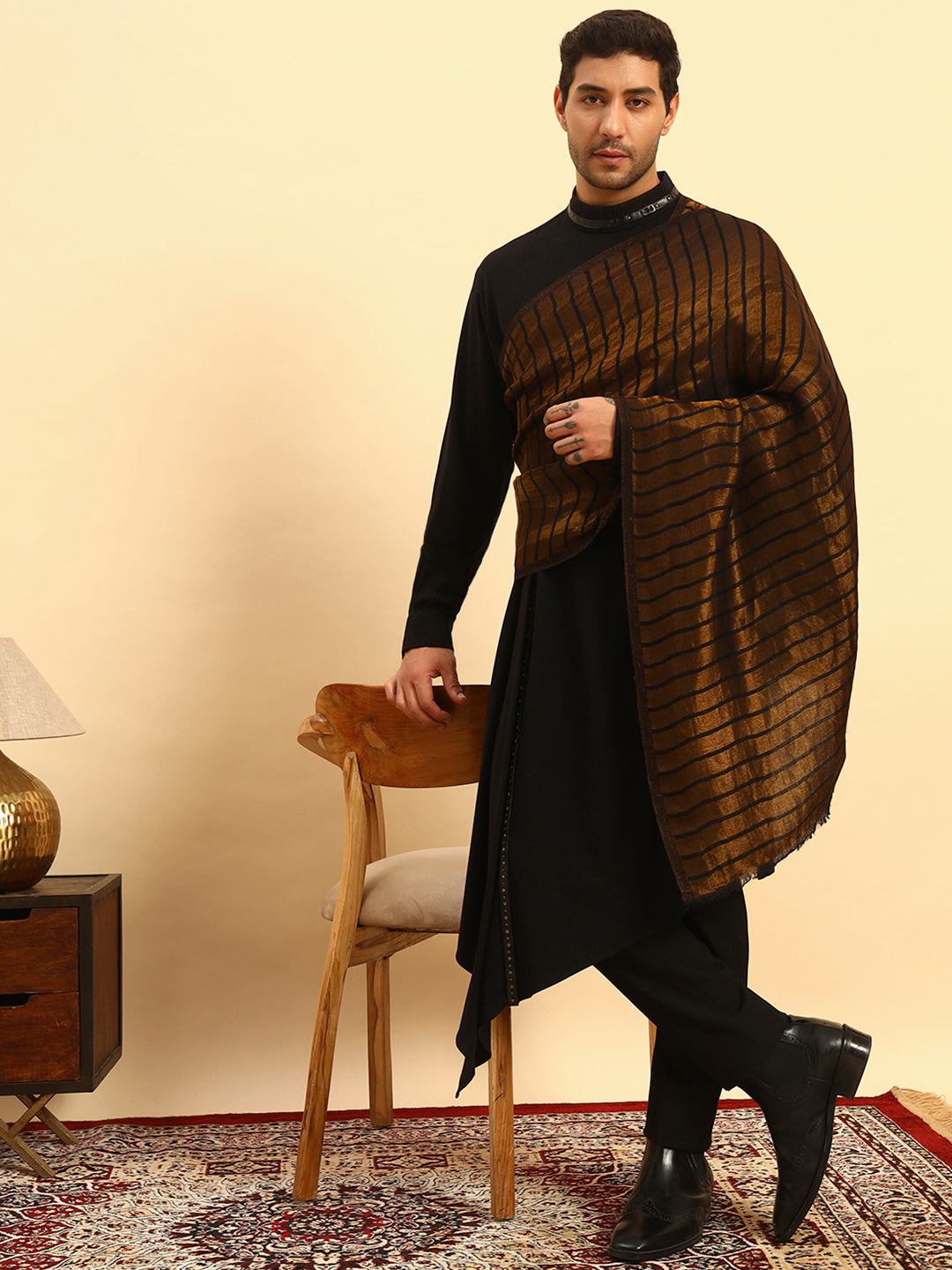 Pashmoda Men Golden Mirage Reversible Zari Moonlight Fine Wool Stole (Size: 71x203 Cm)