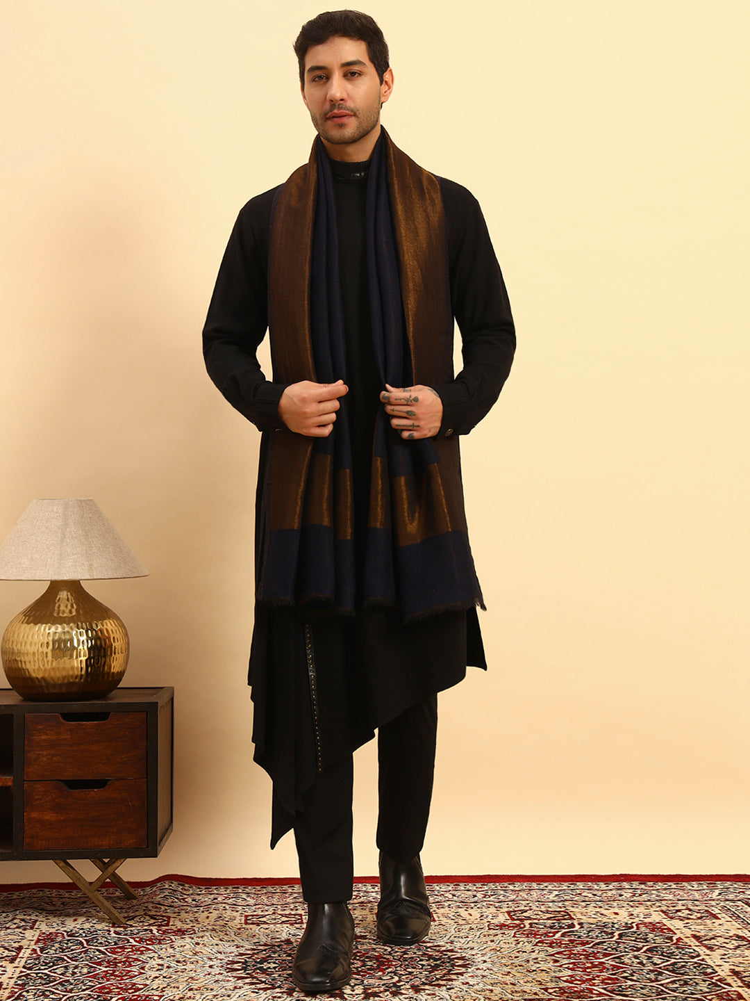 Pashmoda Men Midnight Bronze Reversible Zari Moonlight Fine Wool Stole (Size: 71x203 Cm)