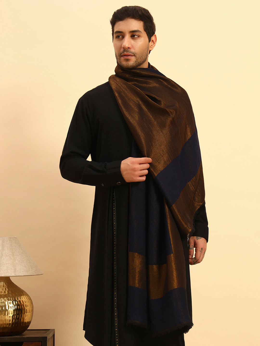 Pashmoda Men Midnight Bronze Reversible Zari Moonlight Fine Wool Stole (Size: 71x203 Cm)