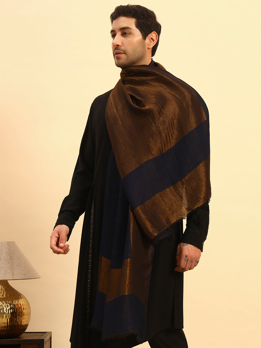 Pashmoda Men Midnight Bronze Reversible Zari Moonlight Fine Wool Stole (Size: 71x203 Cm)
